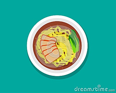 Egg noodle soup with roast pork and soup, Top view Vector Illustration