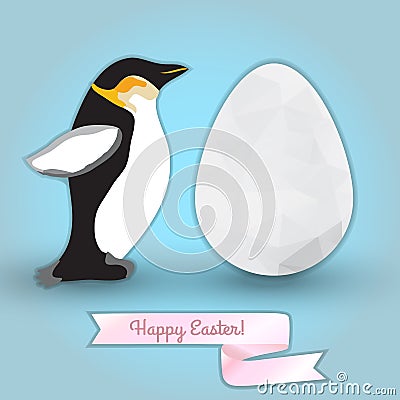 Egg and Penguin. Congratulation with Easter Stock Photo