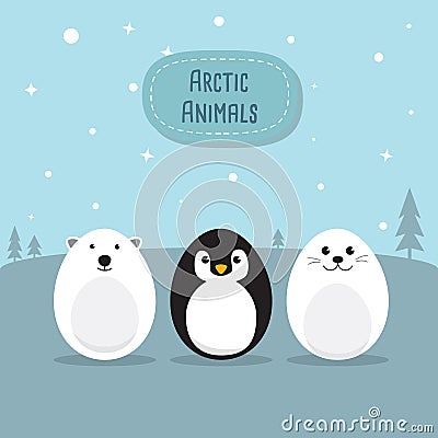 Egg Shaped animals Character Set for Easter day, Easter eggs paint. A Cute Polar Bear, Penguin, Baby Seal Pup, Chicken, Rabbit ch Vector Illustration