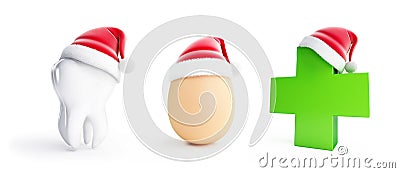 Egg, Tooth,Medical cros santa hat on a white background 3D illustration Stock Photo