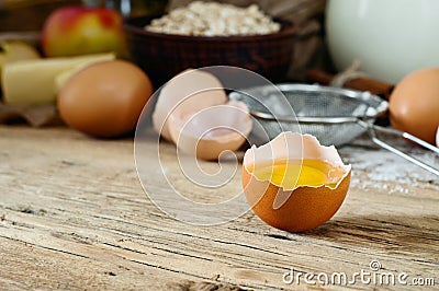 Egg yolk on a wooden table Stock Photo