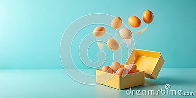 Egg yolks falling into an open yellow box on light blue background Generative By AI Stock Photo