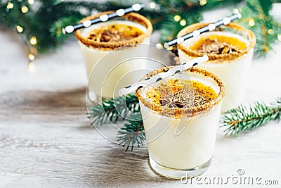 Eggnog with cinnamon and nutmeg for Christmas and winter holidays. Homemade eggnog in glasses on wooden table surface, shallow Stock Photo