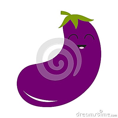 Eggplant aubergine with leaves icon. Violet color. Vegetable collection. Fresh farm healthy food. Smiling face. Cute cartoon chara Vector Illustration