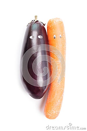 Eggplant, carrot with cartoon eyes isolated on white background Stock Photo