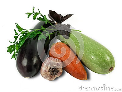 Eggplant, carrot, vegetable marrow, garlic Stock Photo