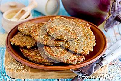 Eggplant couscous patty cakes, pan fried snack pancakes from minced eggplant Stock Photo