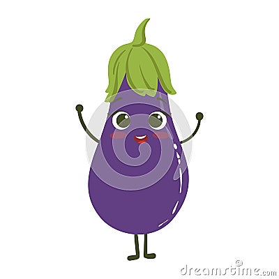 Eggplant Cute Anime Humanized Smiling Cartoon Vegetable Food Character Vector Illustration