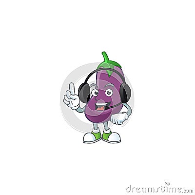 Eggplant cute cartoon character design with headphone Vector Illustration