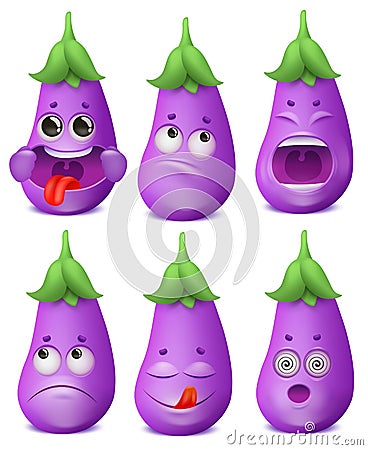 Eggplant emoji cartoon character set. Various emotions. Happiness, yummy, sadness, shock, shout Stock Photo