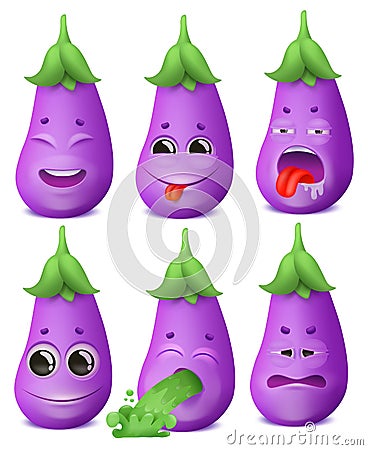 Eggplant emoji cartoon character set. Various emotions. Joy, disgust, boredom, disappointment. Vomiting Stock Photo