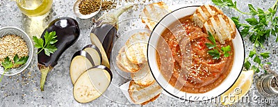 Eggplant hummus with ingredients for cooking. Traditional vegan arabic aubergine appetizer. Baba Ghanoush Stock Photo