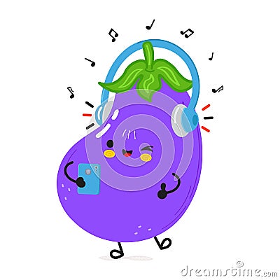 Eggplant listens to music on headphones with a smartphone. Vector hand drawn cartoon kawaii character illustration icon Vector Illustration
