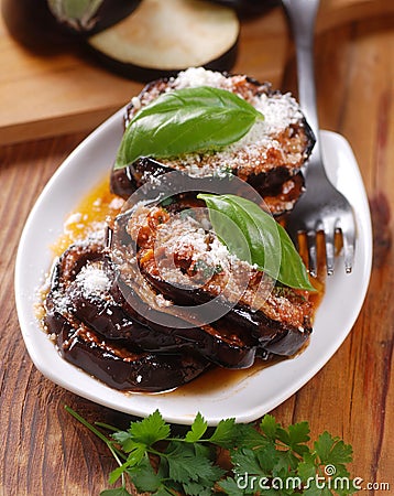 Eggplant parmesan in the dish Stock Photo