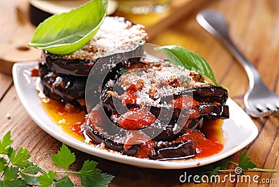 Eggplant parmesan in the dish Stock Photo