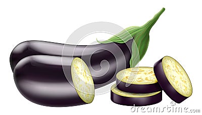 Eggplant isolated on a white background. Whole, slice, half of fresh aubergine. Vector 3D realistic, ingredients for salad Vector Illustration