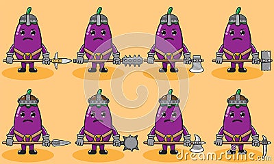 Cute Eggplant knight. Cute and funny fruit set. Two handed weapons and hand down pose. Stock Photo