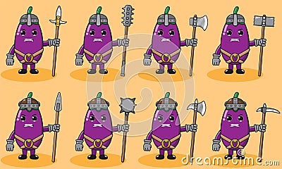 Cute Eggplant knight. Cute and funny fruit set. Two handed weapons and hand up pose. Stock Photo