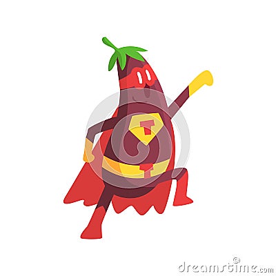 Eggplant In Superhero Costume, Part Of Vegetables In Fantasy Disguises Series Of Cartoon Silly Characters Vector Illustration