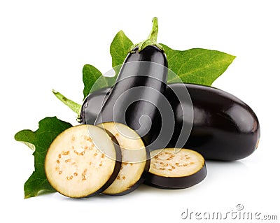 Eggplant vegetable fruits with cut isolated Stock Photo