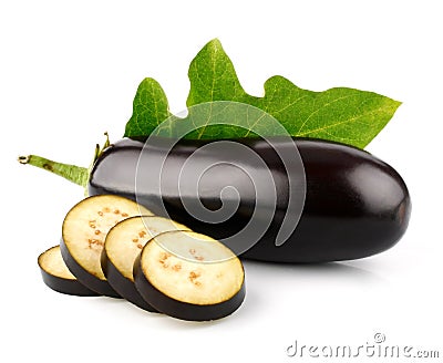 Eggplant vegetable fruits with cut isolated Stock Photo