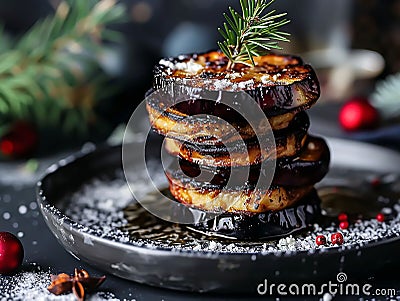 Eggplants fried in boiling oil and elegantly arranged in layers on top of each other with ricotta Stock Photo