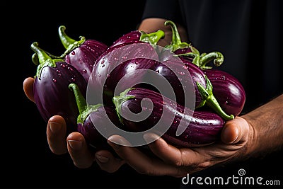 Eggplants. in the hands of an eggplant.. Farmer. Organic vegetables grown on the farm Stock Photo