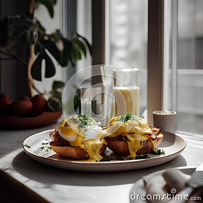 Eggs benedict with hollandaise sauce and hollandaise sauce Stock Photo