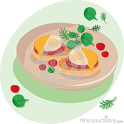 Eggs Benedict - illustration for breakfast, brunch menu in a hotel, cafe, restaurant, diner. Poster for a wall Vector Illustration