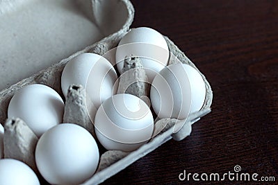 Eggs in a cardboard box on the table after purchase Stock Photo