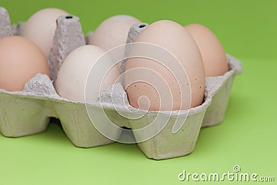 Eggs in carton, the biggest among another small eggs. on the light green background Stock Photo