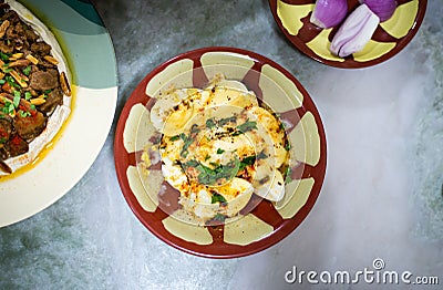 Eggs with cheese and arabic food on the table Stock Photo