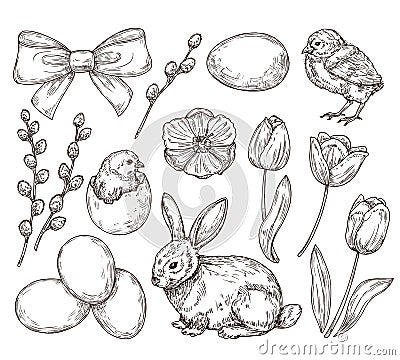 Eggs and chicken. Vintage easter sketch. Hand drawn rustic chicks, bunny. Spring blooming tulips, festive elements. Farm Vector Illustration