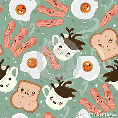 Eggs, coffee and bacon seamless pattern. Cute breakfast. Vector graphics Stock Photo