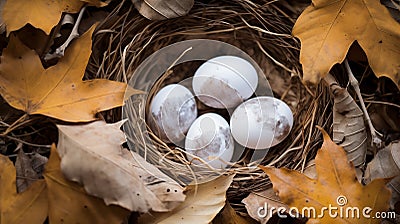 Eggs concealed beneath fallen leaves, hidden treasures found.AI Generated Stock Photo