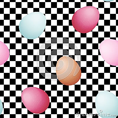 eggs of different colors on black and white racing and checkered pattern background. Vector Illustration