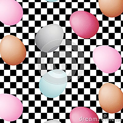 Eggs of different colors on black and white racing and checkered pattern background. Vector Illustration