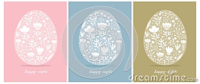 Happy Easter Vector Cards. Cute Eggs in 3 Diferent Colors Isolated on a Pink, Blue and Green Backgrounds. Vector Illustration