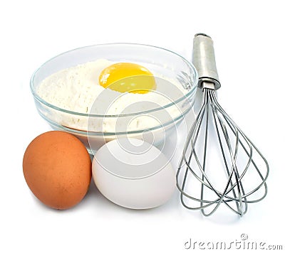 Eggs and flour ingredients for dough preparation Stock Photo