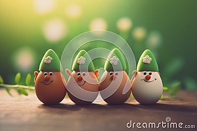 eggs in the form of a leprechaun with green caps and gold on the street. Stock Photo