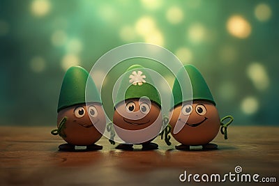 eggs in the form of a leprechaun with green caps and gold on a wooden table Stock Photo