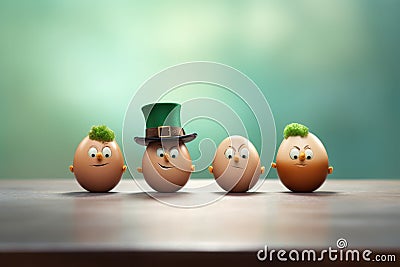 eggs in the form of a leprechaun with green caps and gold on a wooden table Stock Photo