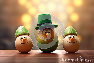 eggs in the form of a leprechaun with green caps and gold on a wooden table Stock Photo