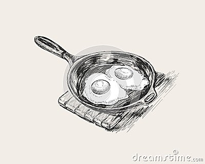 Eggs Frying Pan. Egg. Breakfast. Hand Drawn Sketch Vector Illustration. Good morning Vector Illustration