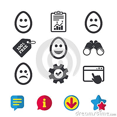 Eggs happy and sad faces signs. Easter icons. Vector Illustration