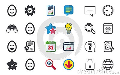 Eggs happy and sad faces signs. Easter icons. Vector Illustration