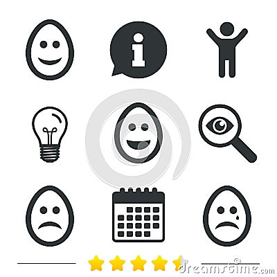 Eggs happy and sad faces signs. Easter icons. Vector Illustration