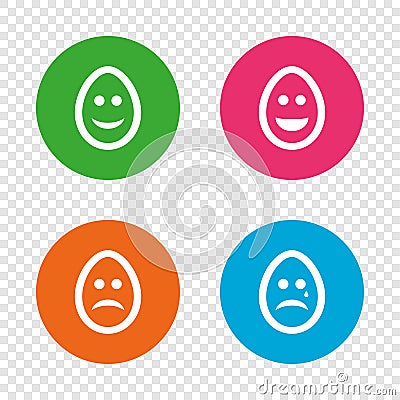 Eggs happy and sad faces signs. Easter icons. Vector Illustration