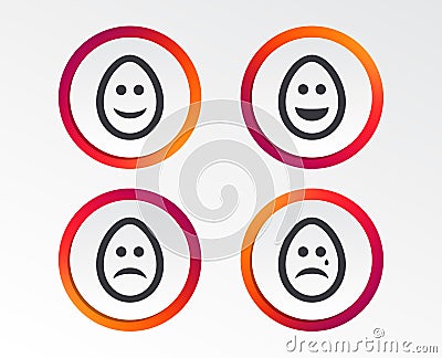 Eggs happy and sad faces signs. Easter icons. Vector Illustration