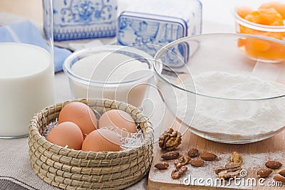 Eggs, milk, sugar, flour Stock Photo